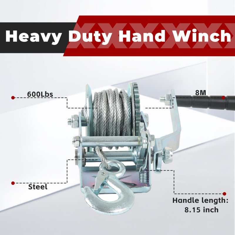 findmall Heavy Duty Hand Winch 600Lbs Hand Crank Strap Gear with 8m Steel Wire Manual Operated Two-Way Ratchet Boat Trailer Marine for Loading Boats Personal Watercraft and Lawn Equipment - Image 4